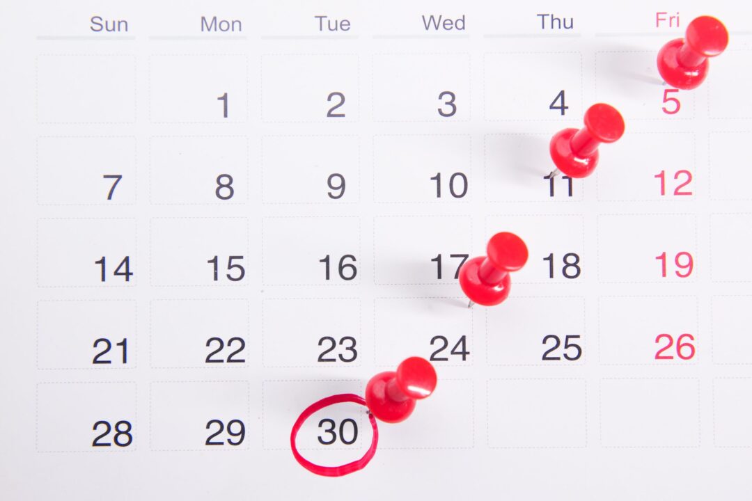 Calendar presented in a month format with red pins inserted on specific dates