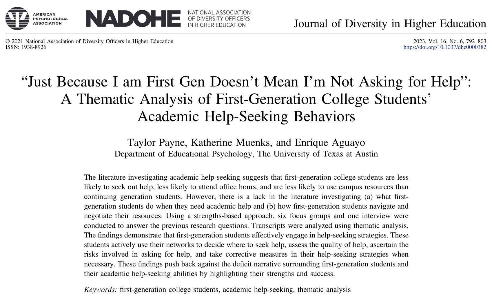 Screenshot of the title and abstract of the scholarly article titled "Just Because I am First Gen Doesn't Mean. I'm Not Asking for Help": A Thematic Analysis of First-Generation College Students' Academic Help-Seeking Behaviors in the Journal of Diversity in Higher Education published in 2021.