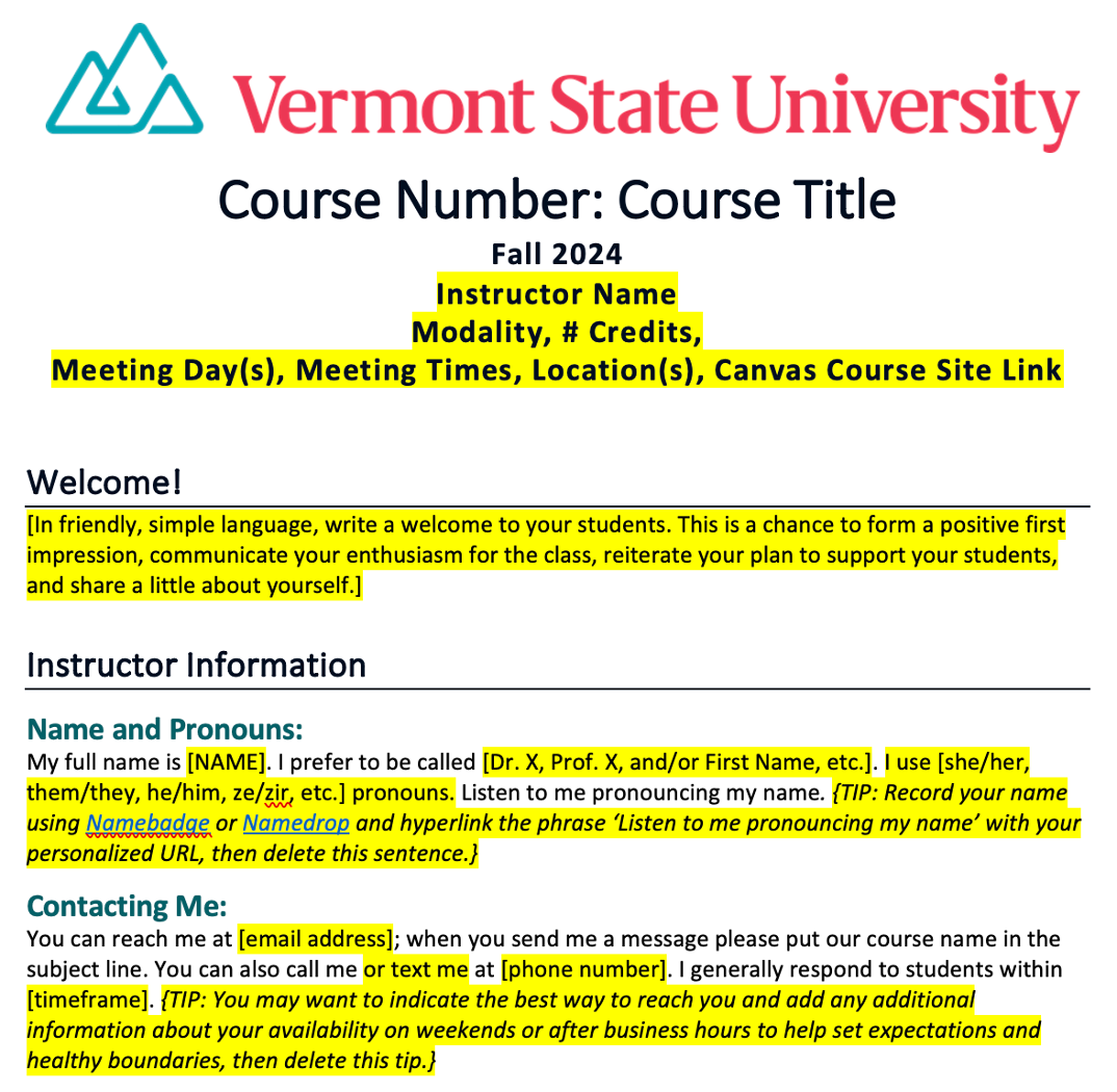 A screenshot of the Syllabus Template for Fall 2024, with yellow highlighting where faculty will modify the template to reflect their course details.