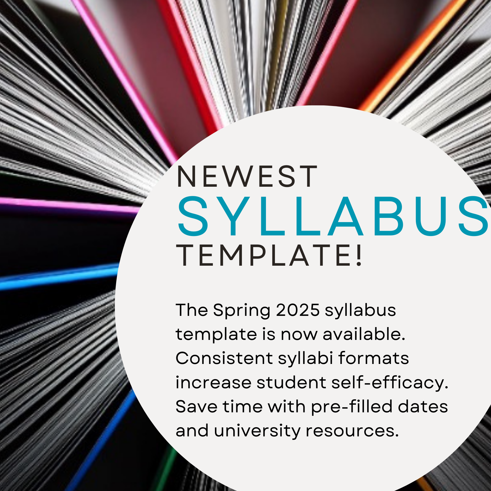 Picture of 5 books, spines facing inward, to form a circle with the announcement that the newest syllabus template for Spring 2025 is available for faculty to download.