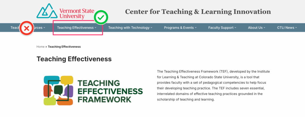 A screenshot of the CTLI website with a red X over the first menu item (Teaching Resources) and a green checkmark over the second menu item (Teaching Effectiveness).