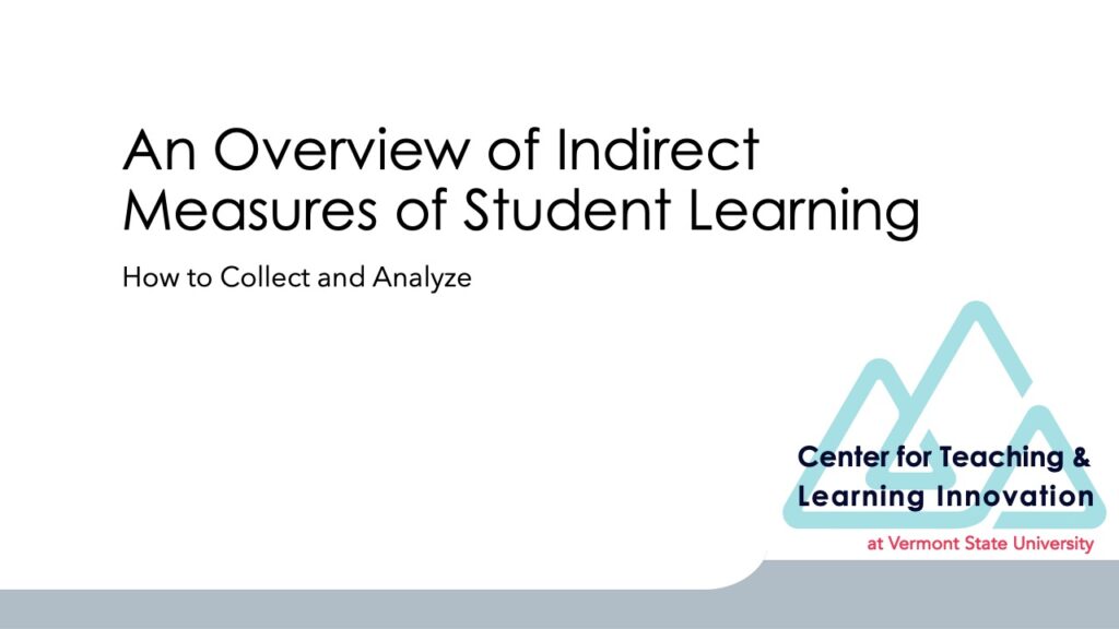 A title image with the text "An Overview of Indirect Measures of Student Learning" with the CTLI logo and the subtitle "How to Collect and Analyze"