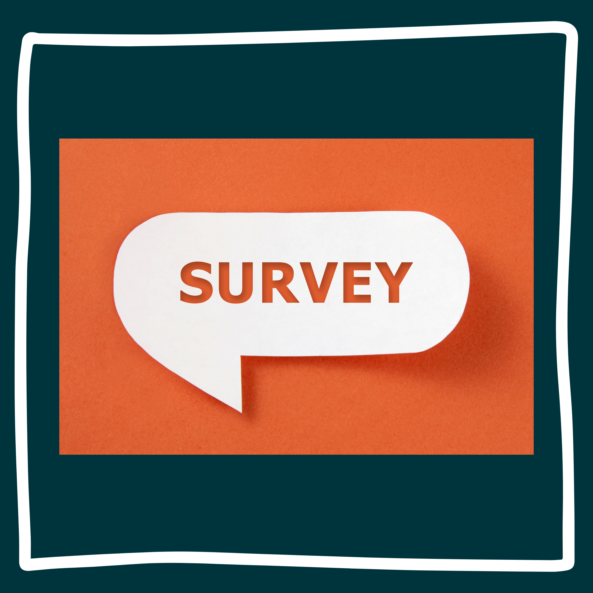 The word "survey" in a chat bubble with orange and blue backgrounds.