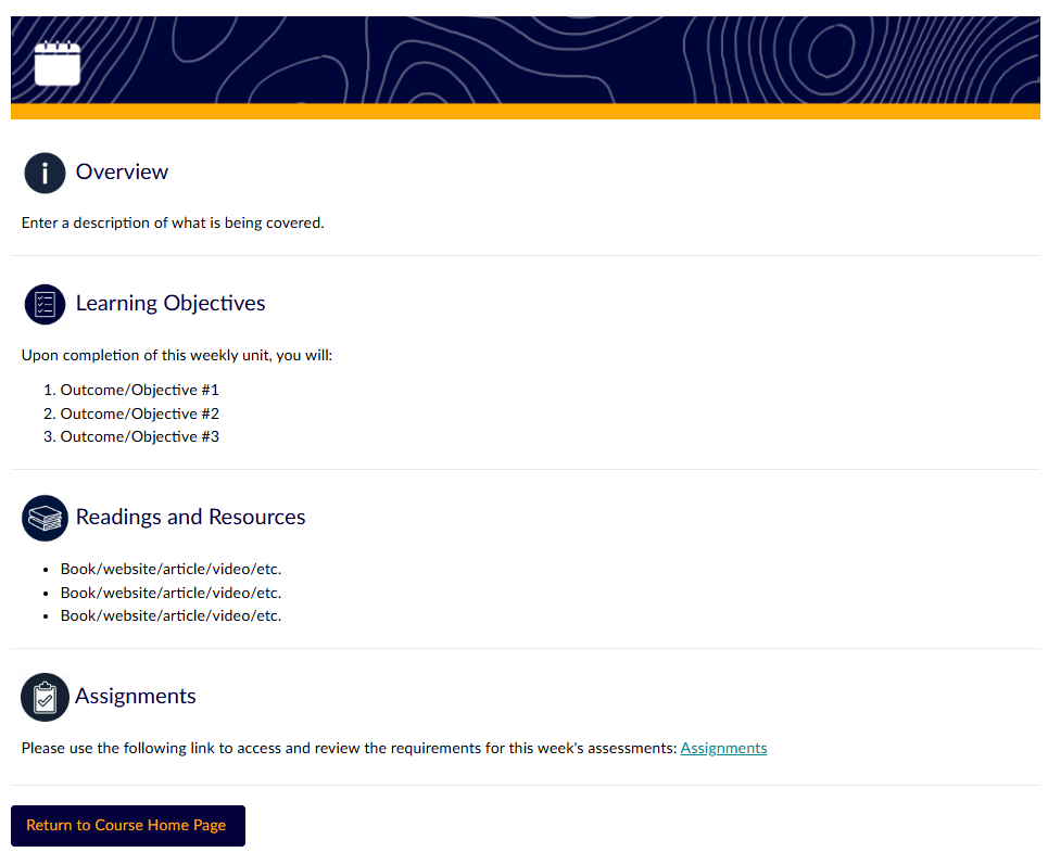 Weekly introduction page in the VTSU Canvas template, which includes an overview, learning objectives, readings and resources, assignments, and a return to home page button.