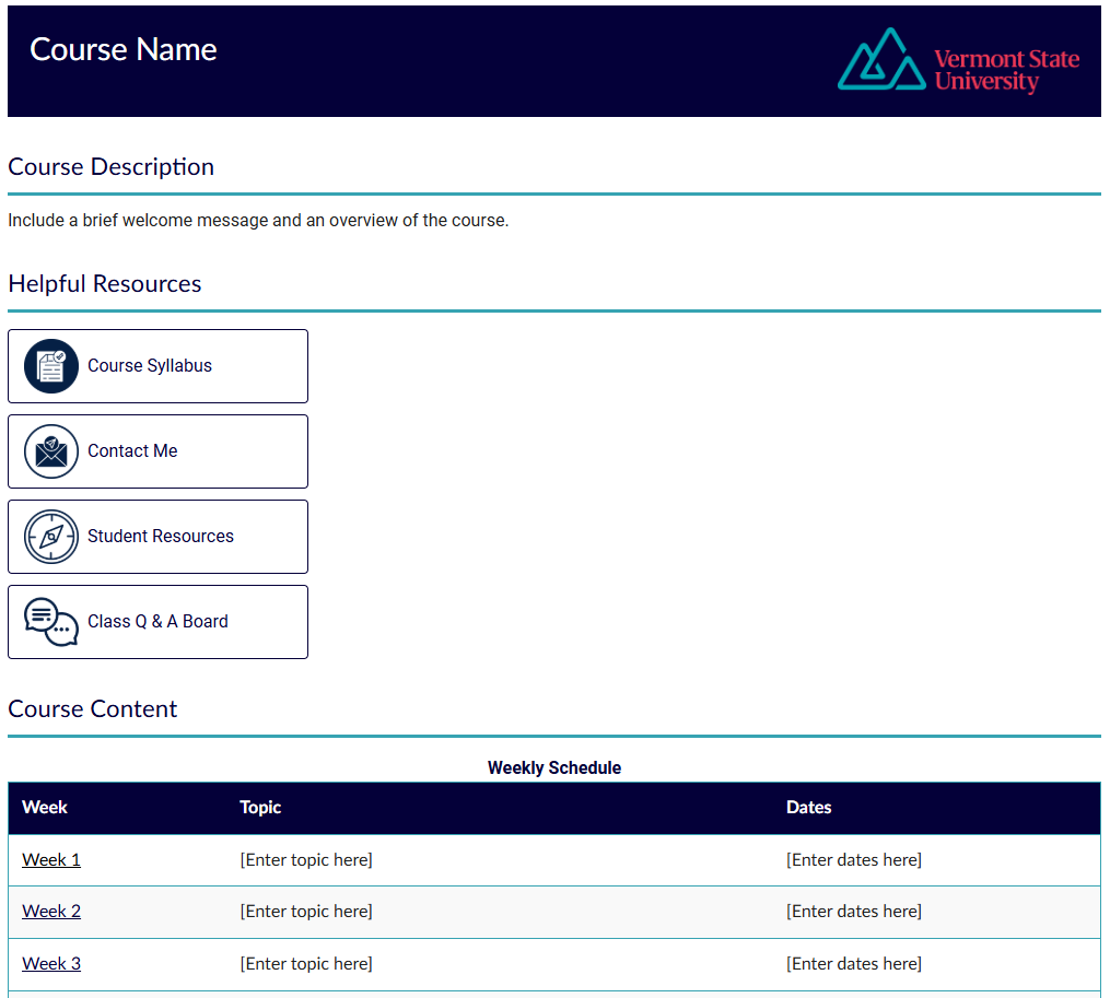 Front page of the VTSU Canvas course template.