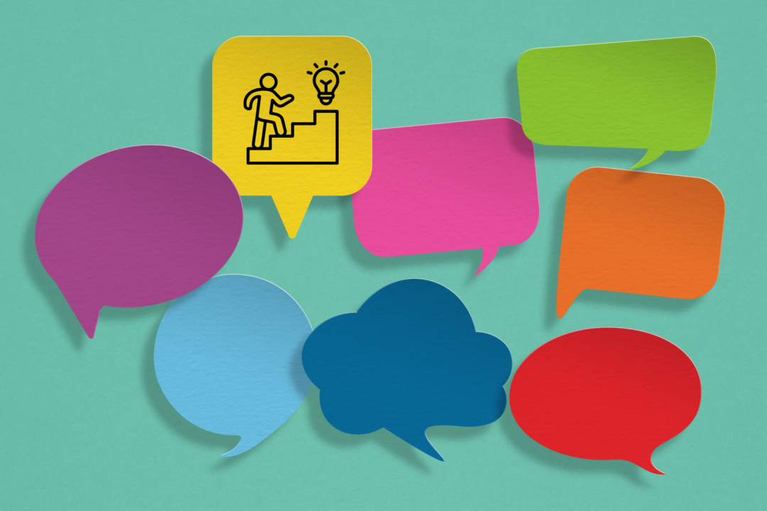 Multicolor thought bubbles set against a teal background.