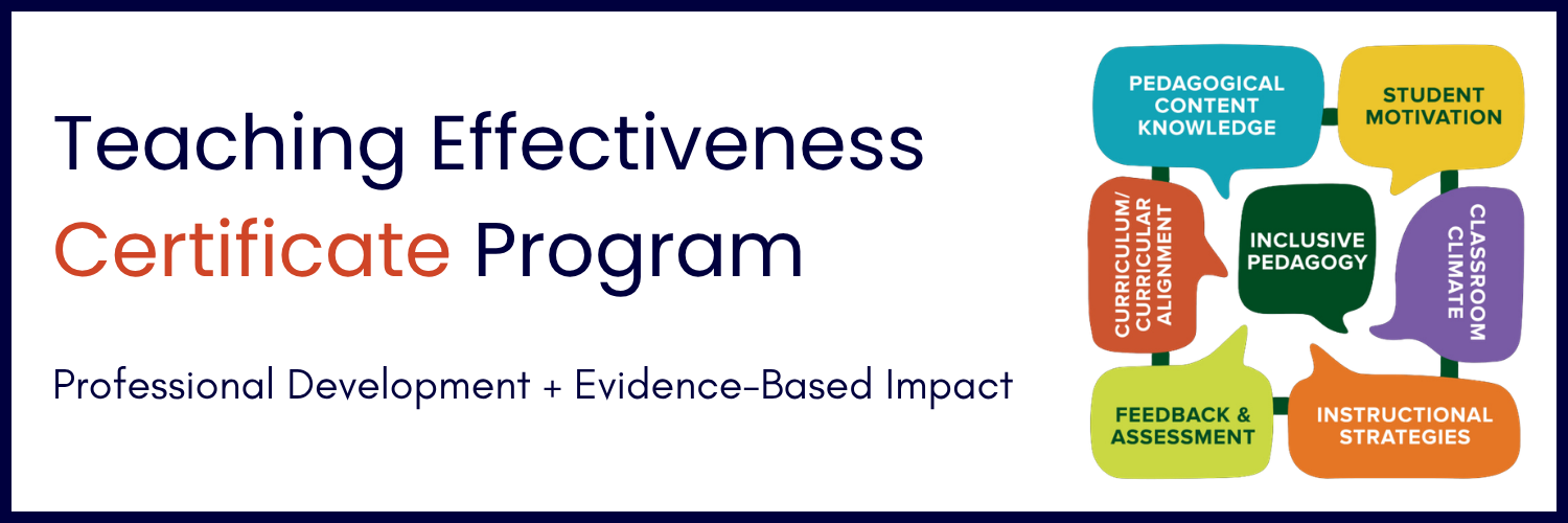 Banner for the teaching effectiveness program with the words "professional development + evidence-based impact" and a graphic of the 7 domains of the framework.