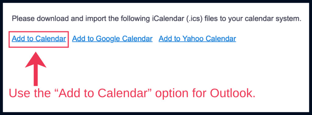 Screenshot of email confirmation displaying the link to add an event to one's calendar.