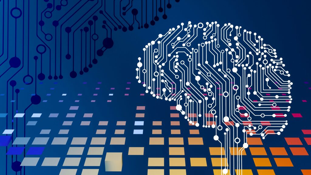 Blue background with colorful tiles at the bottom and an abstract brain on the right.
