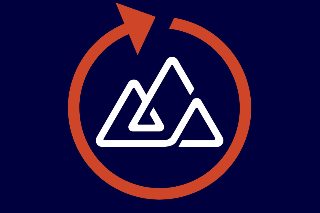 Abstract white mountain outline encircled by an orange arrow and set against a dark blue background.